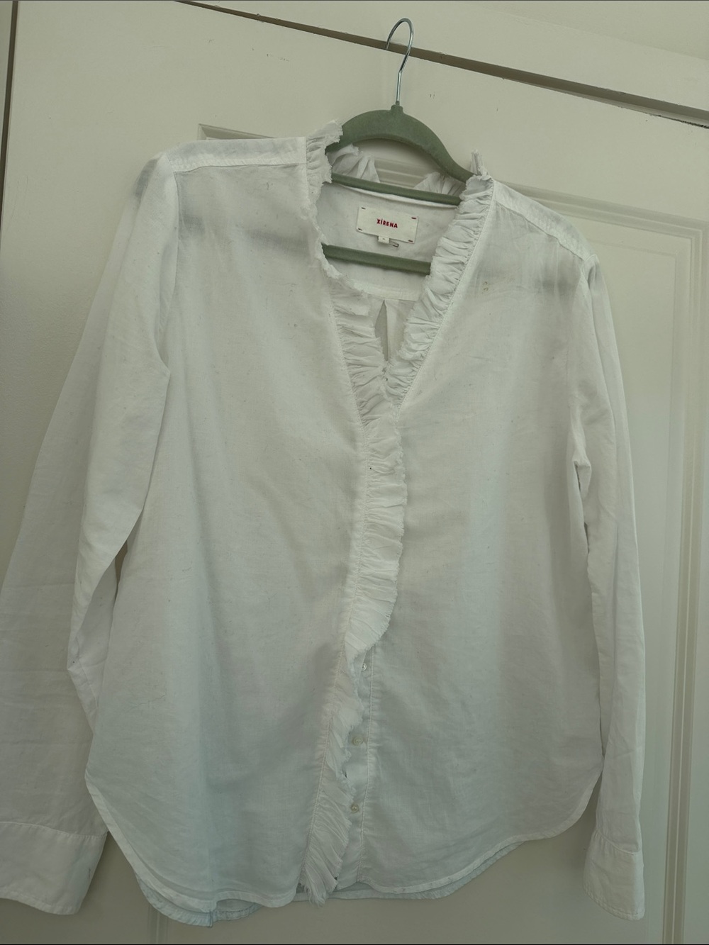 White Ruffle-Trim Button-Up Blouse